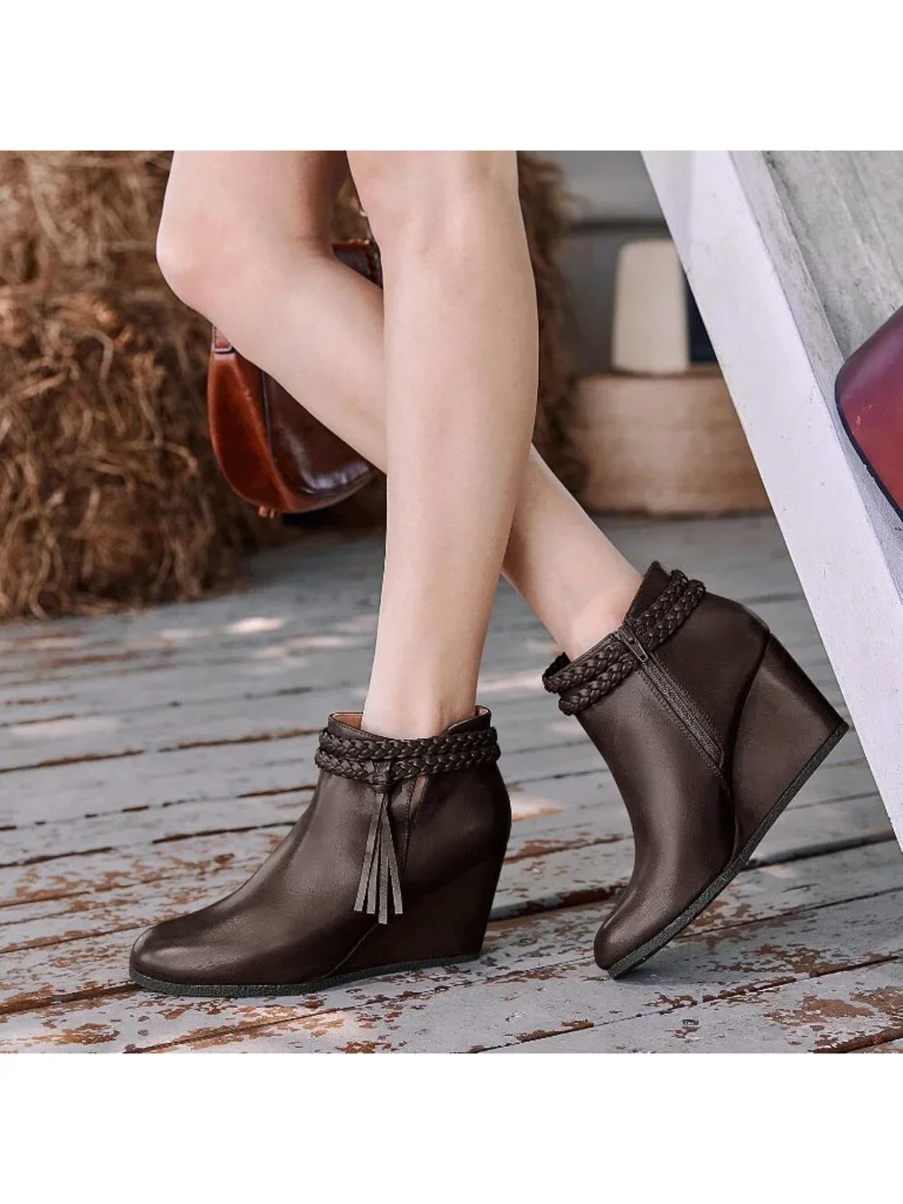 Women's Grey Braided Fringe Strap Western Heeled Fall Booties Dress Shoes